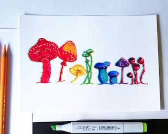 Trippy Rainbow Mushrooms A4/A5 Art Print - Psychedelic Wall Art - Colorful Mind-Bending Room Decor
