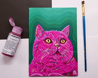 British Shorthair Cat - 5x7" Original Acrylic Painting on Canvas Board - Cat Painting Gift