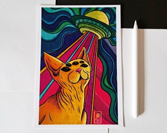Alien Cat - Stampa artistica opaca A4/A5 - UFO Wall Art - Regalo ideale per gli amanti dei gatti