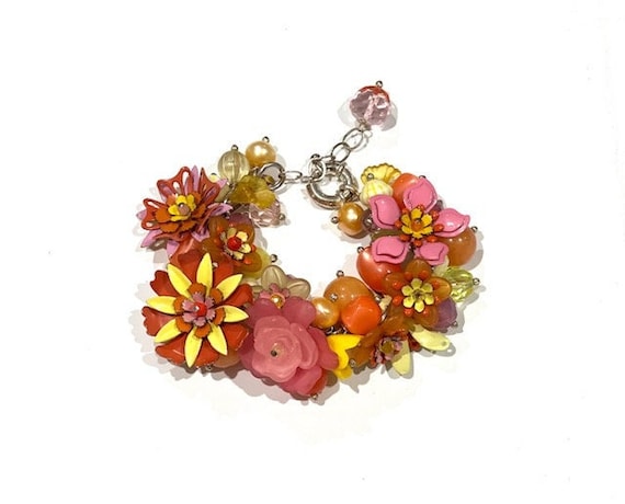 Bracelet Floral Vintage Années 70 - Étain, Cabochon, Style Hippie Flower Power - Occasion