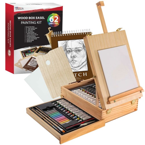 62pc Artist Painting Set, Wood Box Easel 12 Acrylic shops & 12 Oil Paint Colors Canvas