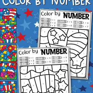 May include: Colour by number activity featuring two images of patriotic American symbols. The first image is a heart with stars and stripes. The second image is a top hat with stars. The images are divided into numbered sections to be coloured in.