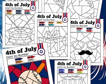 July 4 Independence Day Holiday Worksheets Printables for Kids, Color by Number, Activity Sheets, Coloring