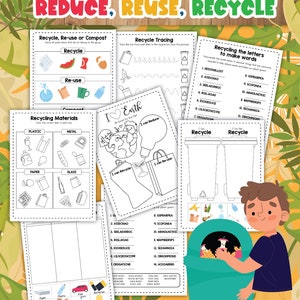 May include: A set of printable worksheets for kids to learn about recycling. The worksheets feature colorful illustrations of recycling bins, a globe, and a boy holding a recycling bin. The worksheets include activities such as tracing lines, matching items to their correct recycling bin, and solving word puzzles.