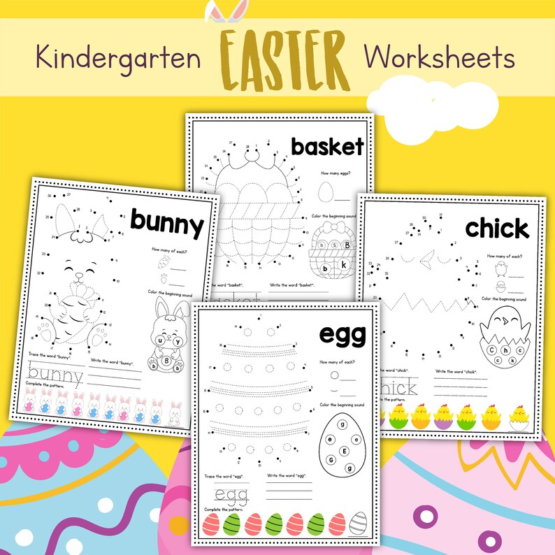 Easter Kindergarten Worksheet, Printables for Kids, Tracing, Counting, Spelling, Coloring Sheets Activities, Instant Download, 10 pages image 1