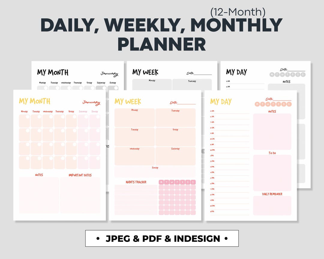 12-month Planner Set Daily Planner, Weekly Planner, Monthly Planner ...