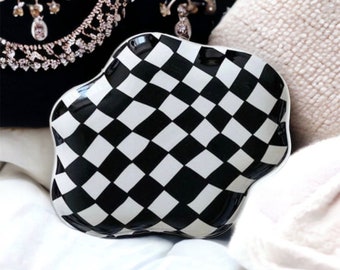 Hand Crafted Ceramic Checkerboard Jewellery Tray| Wavy Edge Gingham Homeware  | Wavy Trend | Black & Green Decor | Gift Idea