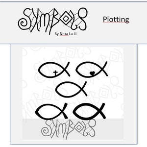 Könnte beinhalten: Eine schwarz-weiße digitale Stempelplatte mit dem Wort "Plotting" und vier Bildern von Fischen mit verschiedenen Symbolen darin. Die Platte ist mit "Symbols by Nitta La Li." betitelt.