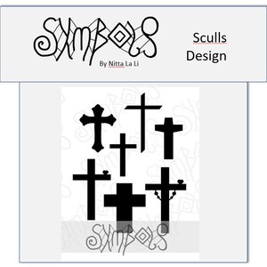 May include: A set of seven black silhouette crosses of different styles and sizes. The crosses are arranged in a random pattern on a white background.