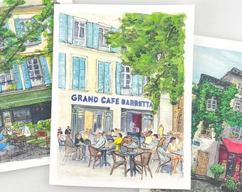 Avignon Cafe Watercolor Note Cards, French Scene Stationery Set, Cards For Her, Folded Blank Note Cards, Gift For Her, Set of 12