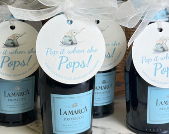 Pop It When She Pops Personalized Baby Shower Mini Champagne Bottle Favor Tag Prosecco Elephant Gift Tag Custom Baby Shower Gift Tag BE1