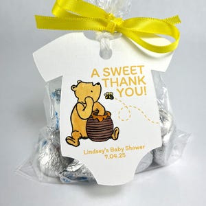 Classic Winnie the Pooh Baby Shower Personalized Onesie Favor Tags Baby Girl Custom Gift Tags Baby Boy A Sweet Thank You Infant Bodysuit Tag Yellow