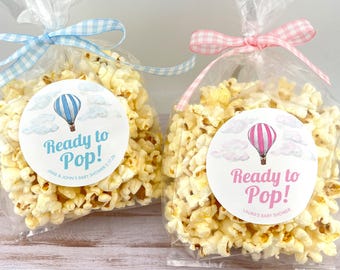Hot Air Balloon Ready to Pop Personalized Stickers Baby Shower Party Favor Custom Label Thanks for Popping By Popcorn Favor Stickers