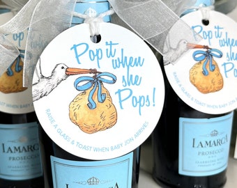 Pop It When She Pops Personalized Baby Shower Mini Champagne Bottle Favor Tag Prosecco Stork Gift Tag Customized Baby Shower Gift