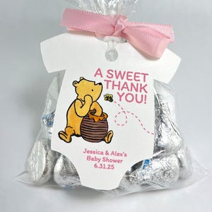 Classic Winnie the Pooh Baby Shower Personalized Onesie Favor Tags Baby Girl Custom Gift Tags Baby Boy A Sweet Thank You Infant Bodysuit Tag Pink
