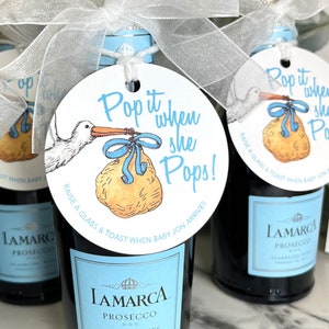 Pop It When She Pops Personalized Baby Shower Mini Champagne Bottle Favor Tag Prosecco Stork Gift Tag Customized Baby Shower Gift