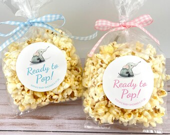 Popcorn Favor Label Personalized Baby Shower Favor Sticker Baby Elephant Thanks for Popping By Ready To Pop Sticker BE1