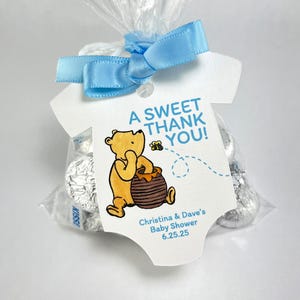Classic Winnie the Pooh Baby Shower Personalized Onesie Favor Tags Baby Girl Custom Gift Tags Baby Boy A Sweet Thank You Infant Bodysuit Tag Blue