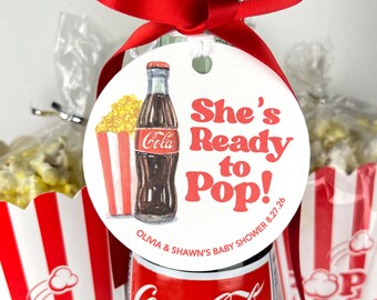 She's Ready To Pop Baby Shower Bottle Tag Personalized Baby Shower Favor Tag Popcorn Cola Soda Pop Themed Gift Tag