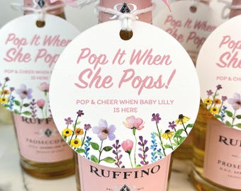 Wildflower Baby Shower Favor Tag Personalized Pop It When She Pops Mini Champagne Bottle Tag Baby In Bloom Baby Shower Botanical Gift Tag