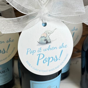 May include: A white round tag with a blue elephant illustration and the text 'Pop it when she Pops!' in blue. The tag is tied to a bottle of sparkling wine with a white ribbon. The text 'Raise a glass & toast when baby Jon arrives' is also on the tag.
Pop It When She Pops Personalized Baby Shower Mini Champagne Bottle Favor Tag Prosecco Elephant Gift Tag Custom Baby Shower Gift Tag