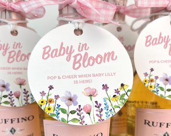 Baby In Bloom Baby Shower Favor Tag Personalized Mini Champagne Bottle Tag Wildflower Baby Shower Botanical Custom Gift Tag