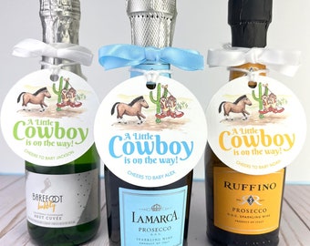 Little Cowboy Baby Shower Favor Tag Mini Champagne Bottle Tag Prosecco Gift Tag Customized Baby Shower Gift