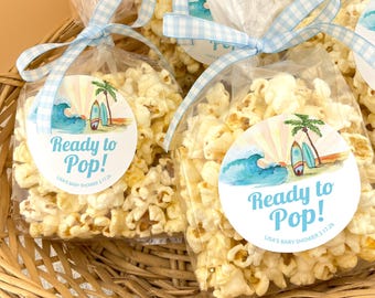 Surfing Ready to Pop Favor Stickers Personalized Baby Shower Party Favor Label Thanks for Popping By Popcorn Favor Stickers