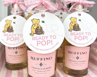 Classic Winnie the Pooh Ready to Pop Personalized Baby Shower Favor Tag Mini Champagne Bottle Poppi Gift Tag WP1