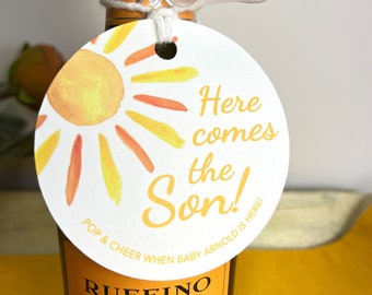 Here Comes the Son Personalized Baby Shower Mini Champagne Bottle Favor Tag Prosecco Sun Gift Tag Custom Baby Shower Gift Tag