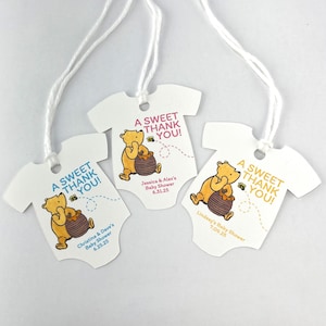 Classic Winnie the Pooh Baby Shower Personalized Onesie Favor Tags Baby Girl Custom Gift Tags Baby Boy A Sweet Thank You Infant Bodysuit Tag Blue Pink Yellow