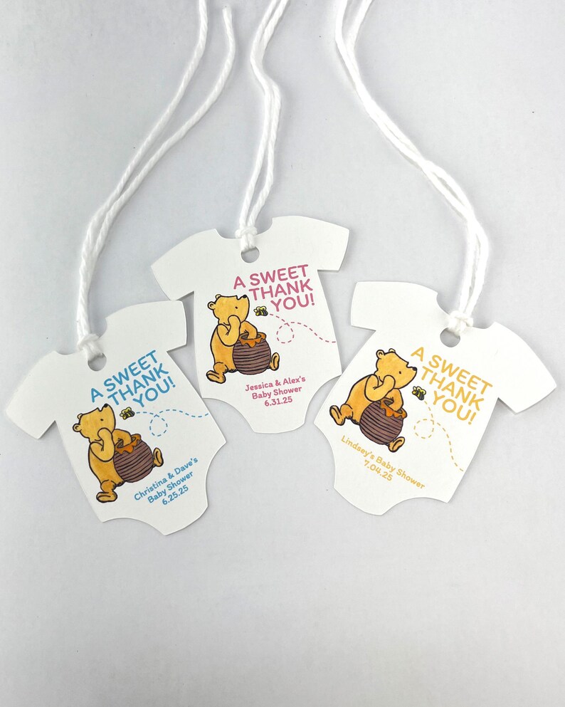 Classic Winnie the Pooh Baby Shower Personalized Onesie Favor Tags Baby Girl Custom Gift Tags Baby Boy A Sweet Thank You Infant Bodysuit Tag Blue Pink Yellow