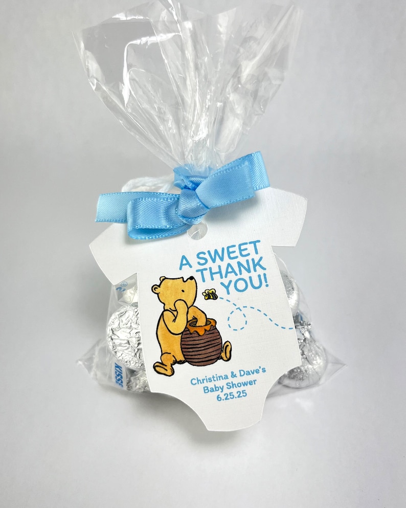 Classic Winnie the Pooh Baby Shower Personalized Onesie Favor Tags Baby Girl Custom Gift Tags Baby Boy A Sweet Thank You Infant Bodysuit Tag Blue