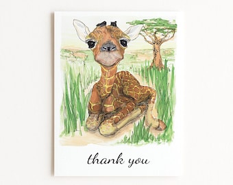 Safari Baby Giraffe Thank You Cards, Safari Animal Thank You Cards, Baby Shower Thank You Cards and Envelopes