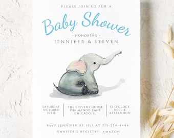Baby Elephant Baby Shower Invitation Editable Boy Baby Shower Invite Baby Elephant Baby Shower Invitation Blue Instant Download BE1