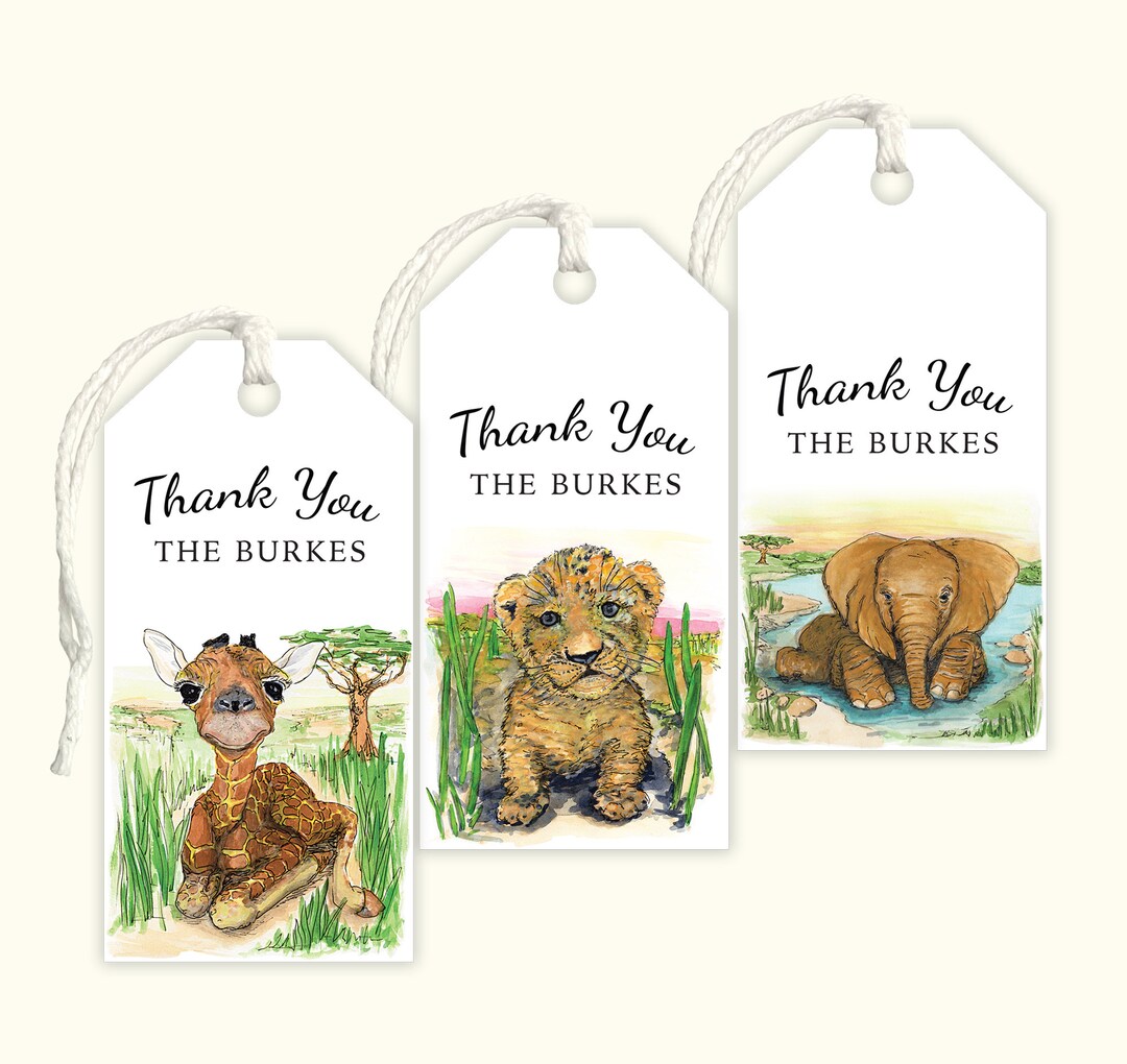 Personalized Safari Baby Animal Gift Tags, Giraffe, Lion and Elephant