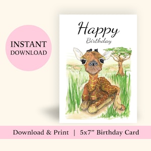 Printable Happy Birthday Card 5x7&quot;, Baby Giraffe Safari Animal Happy Birthday Card, Kids Birthday Card, Download and Print, Digital Download