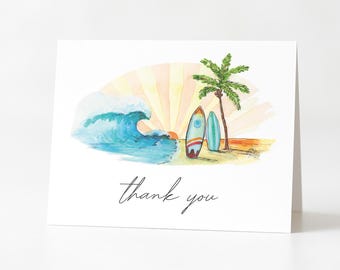 Surfing Sunset Thank You Cards Watercolor Beach Design Baby of Board Baby Shower Thank You Card Set