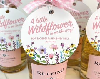 A Little Wildflower Baby Shower Favor Tag Personalized Mini Champagne Bottle Tag Baby In Bloom Baby Shower Botanical Custom Gift Tag