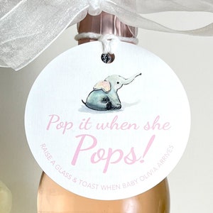 May include: A white round tag with a pink elephant illustration. The tag has the text 'Pop it when she Pops!' in pink lettering. Below the text, it reads 'Raise a glass & toast when baby Olivia arrives'.
Pop It When She Pops Personalized Baby Shower Mini Champagne Bottle Favor Tag Prosecco Elephant Gift Tag Custom Baby Shower Gift Tag