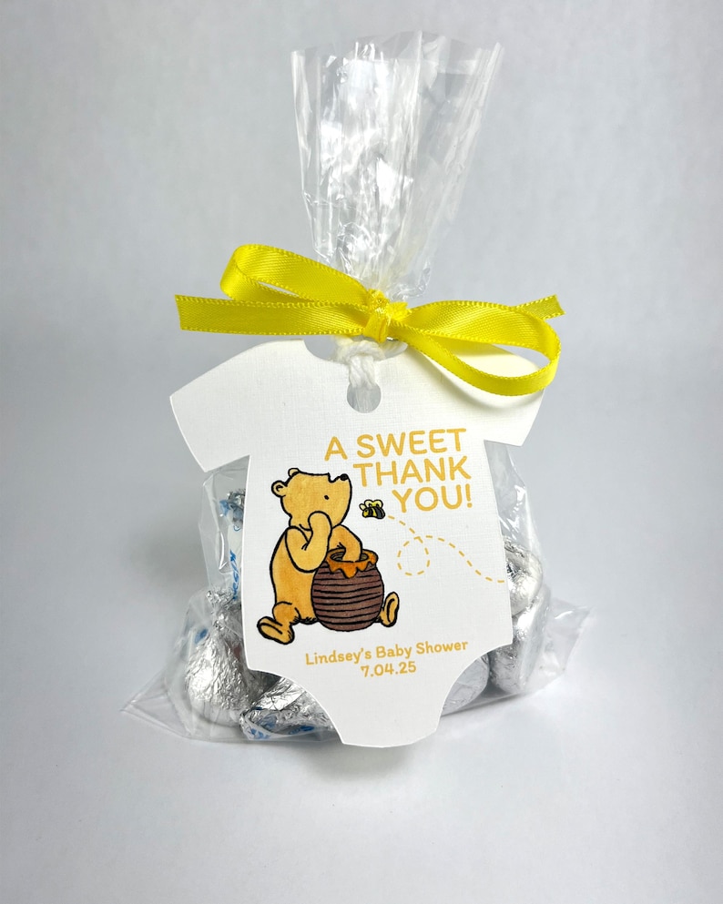 Classic Winnie the Pooh Baby Shower Personalized Onesie Favor Tags Baby Girl Custom Gift Tags Baby Boy A Sweet Thank You Infant Bodysuit Tag Yellow