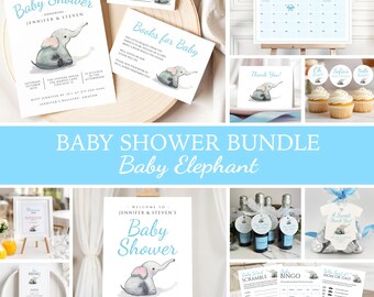 Zestaw zaproszeń na baby shower dla słoniątka, edytowalny zestaw gier na baby shower, tabliczka powitalna na baby shower, etykieta na upominek, karta z podziękowaniami dla chłopca BE1