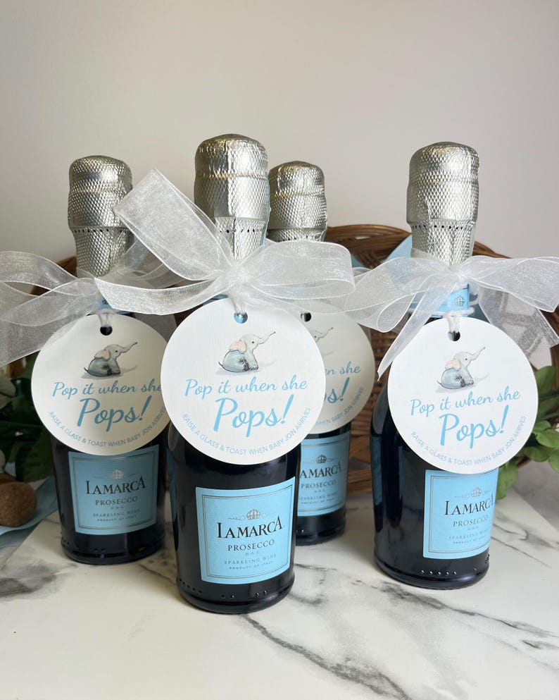 Pop It When She Pops Personalized Baby Shower Mini Champagne Bottle Favor Tag Prosecco Elephant Gift Tag Custom Baby Shower Gift Tag BE1 image 1