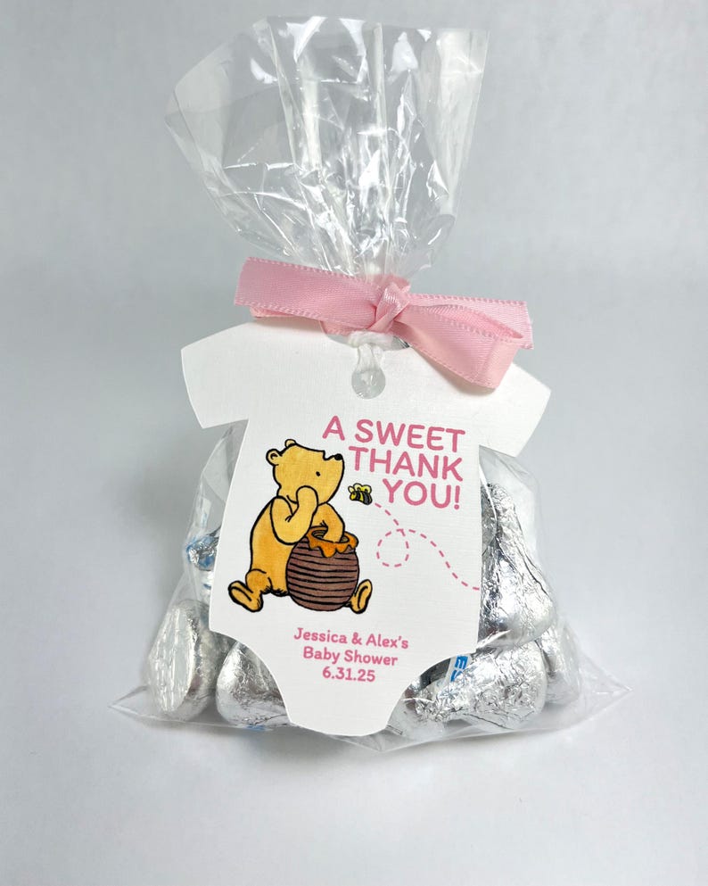 Classic Winnie the Pooh Baby Shower Personalized Onesie Favor Tags Baby Girl Custom Gift Tags Baby Boy A Sweet Thank You Infant Bodysuit Tag Pink