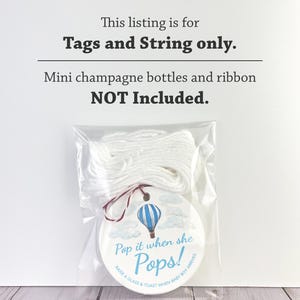 Puede incluir: Una cuerda blanca y una etiqueta redonda con una ilustraci&oacute;n de un globo aerost&aacute;tico azul y blanco. La etiqueta dice "Pop it when she Pops!" y "Raise a glass & toast when baby boy arrives".