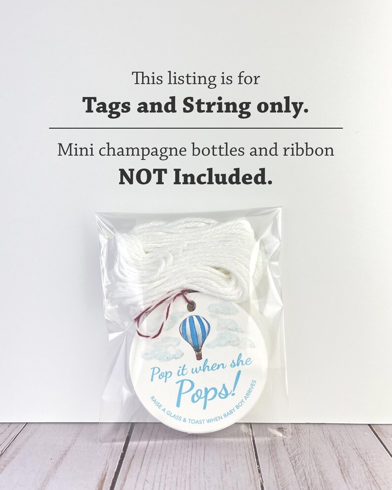 Puede incluir: Una cuerda blanca y una etiqueta redonda con una ilustraci&oacute;n de un globo aerost&aacute;tico azul y blanco. La etiqueta dice "Pop it when she Pops!" y "Raise a glass & toast when baby boy arrives".