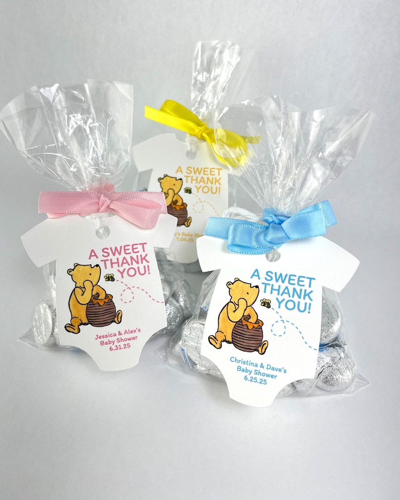 Classic Winnie the Pooh Baby Shower Personalized Onesie Favor Tags Baby Girl Custom Gift Tags Baby Boy A Sweet Thank You Infant Bodysuit Tag
