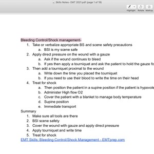 Puede incluir: Una página de un libro de texto médico con el título "Control de la hemorragia/Manejo del shock" y una lista de pasos para tratar la hemorragia y el shock. El texto incluye instrucciones para aplicar presión directa, usar un torniquete y administrar oxígeno.