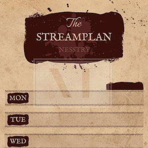 Könnte beinhalten: Ein druckbarer Wochenplaner mit braunem Hintergrund und dem Text "The Streamplan" in einem braunen Rechteck. Die Wochentage sind in einer Spalte links aufgelistet: Mo, Di, Mi, Do, Fr, Sa, So.
