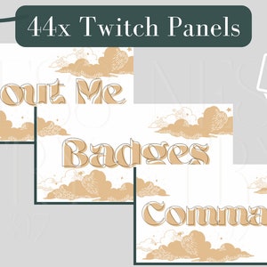 Könnte beinhalten: Set aus 44 Twitch-Panels mit einem himmlischen Thema. Jedes Panel hat einen weißen Hintergrund mit beigen Wolken und Sternen. Der Text enthält "About Me", "Badges" und "Commands". Ein "Light Mode"-Badge ist ebenfalls vorhanden.
